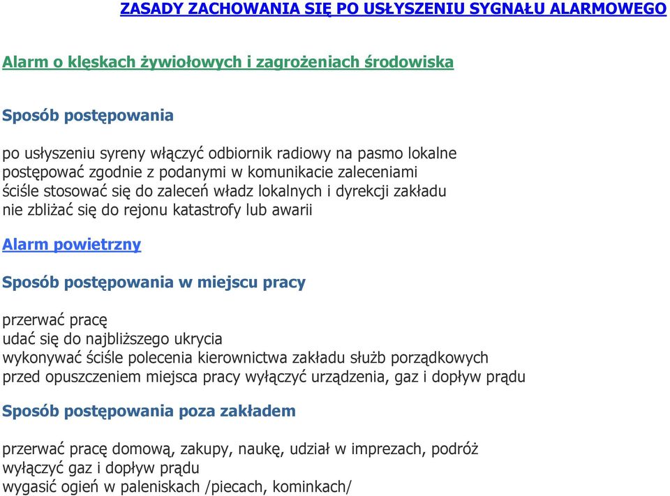 postępowania w miejscu pracy przerwać pracę udać się do najbliższego ukrycia wykonywać ściśle polecenia kierownictwa zakładu służb porządkowych przed opuszczeniem miejsca pracy wyłączyć