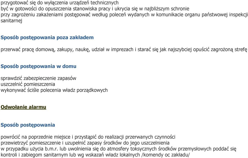 Sposób postępowania w domu sprawdzić zabezpieczenie zapasów uszczelnić pomieszczenia wykonywać ściśle polecenia władz porządkowych Odwołanie alarmu Sposób postępowania powrócić na poprzednie miejsce