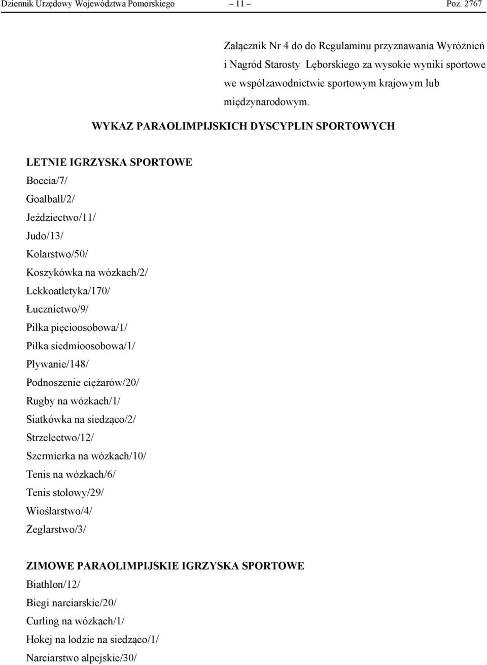 WYKAZ PARAOLIMPIJSKICH DYSCYPLIN SPORTOWYCH LETNIE IGRZYSKA SPORTOWE Boccia/7/ Goalball/2/ Jeździectwo/11/ Judo/13/ Kolarstwo/50/ Koszykówka na wózkach/2/ Lekkoatletyka/170/ Łucznictwo/9/ Piłka