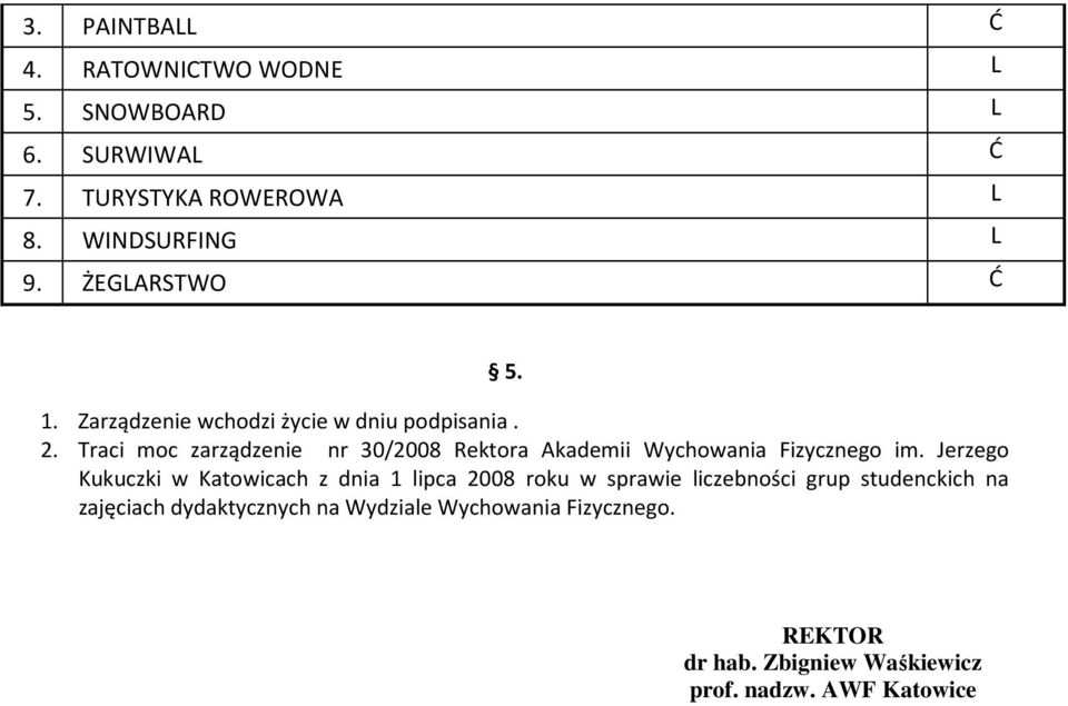 Traci moc zarządzenie nr 30/2008 Rektora Akademii Wychowania Fizycznego im.