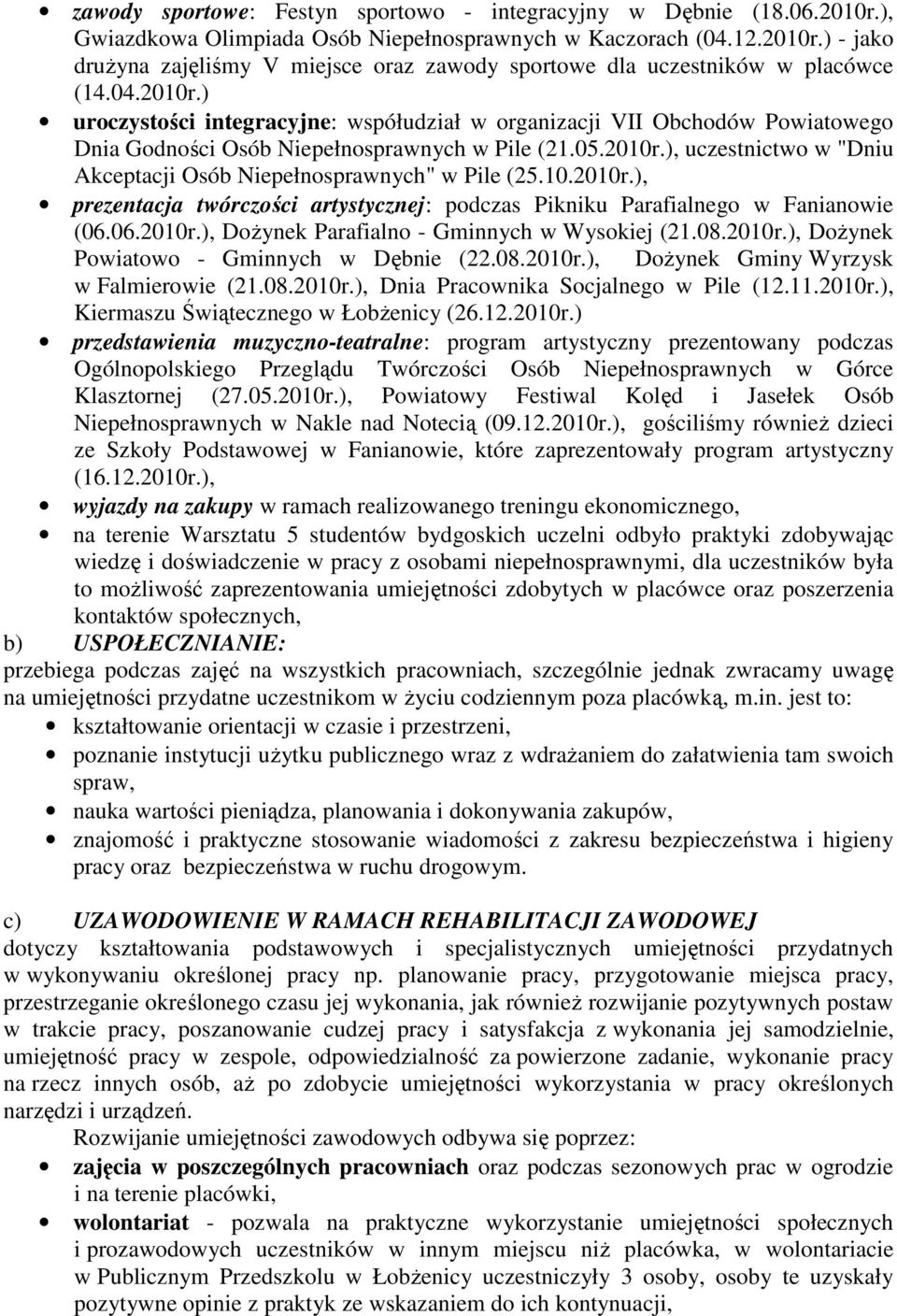10.2010r.), prezentacja twórczości artystycznej: podczas Pikniku Parafialnego w Fanianowie (06.06.2010r.), DoŜynek Parafialno Gminnych w Wysokiej (21.08.2010r.), DoŜynek Powiatowo Gminnych w Dębnie (22.