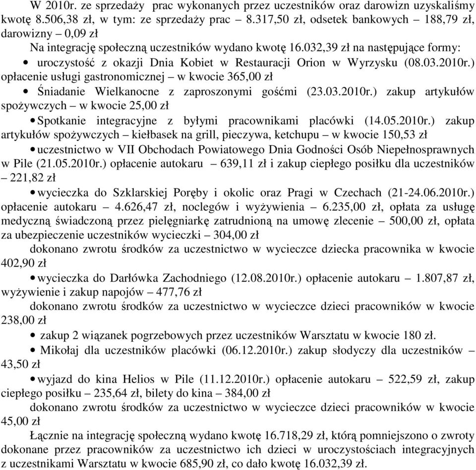 032,39 zł na następujące formy: uroczystość z okazji Dnia Kobiet w Restauracji Orion w Wyrzysku (08.03.2010r.
