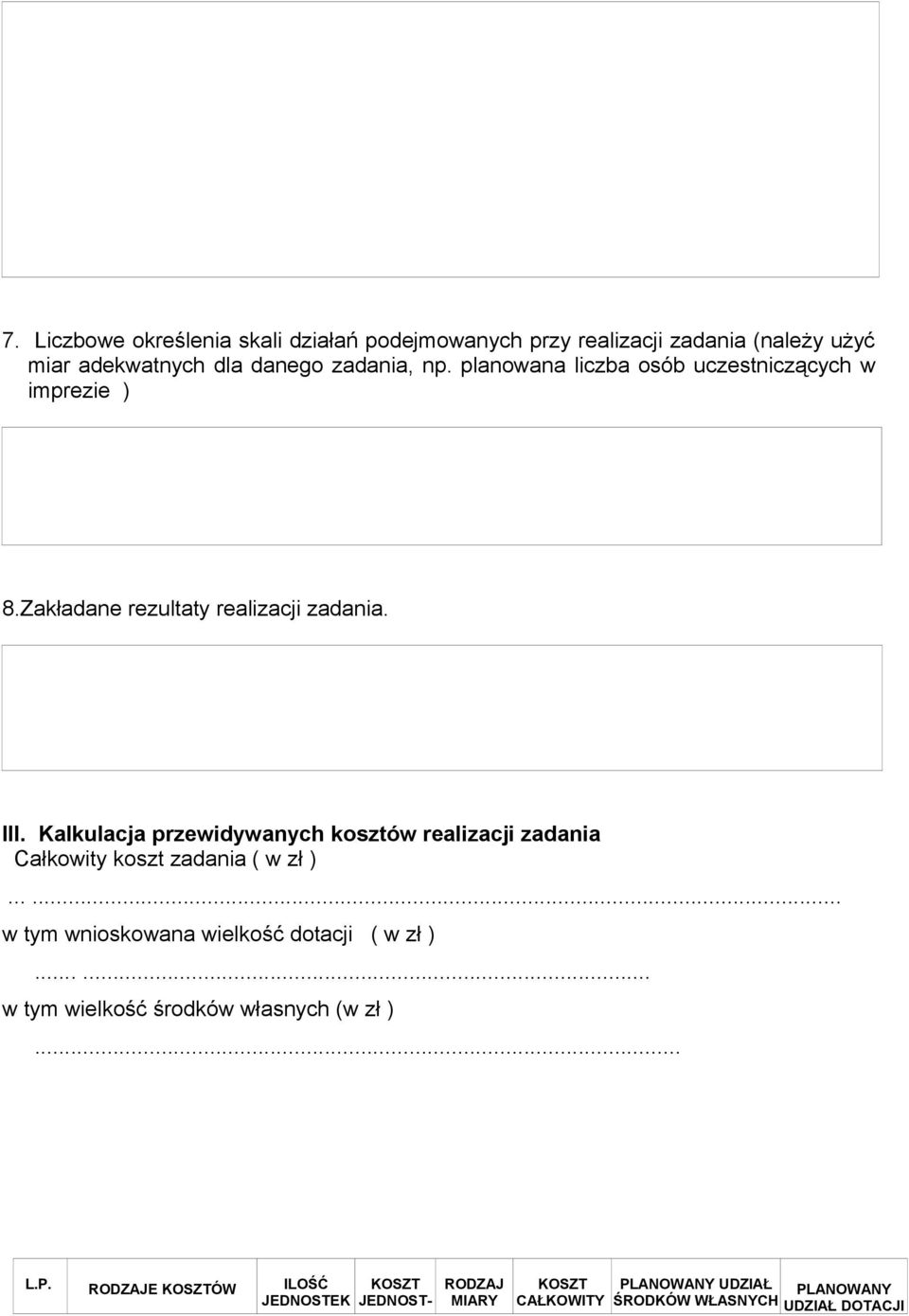 Kalkulacja przewidywanych kosztów realizacji zadania Całkowity koszt zadania ( w zł )...... w tym wnioskowana wielkość dotacji ( w zł ).