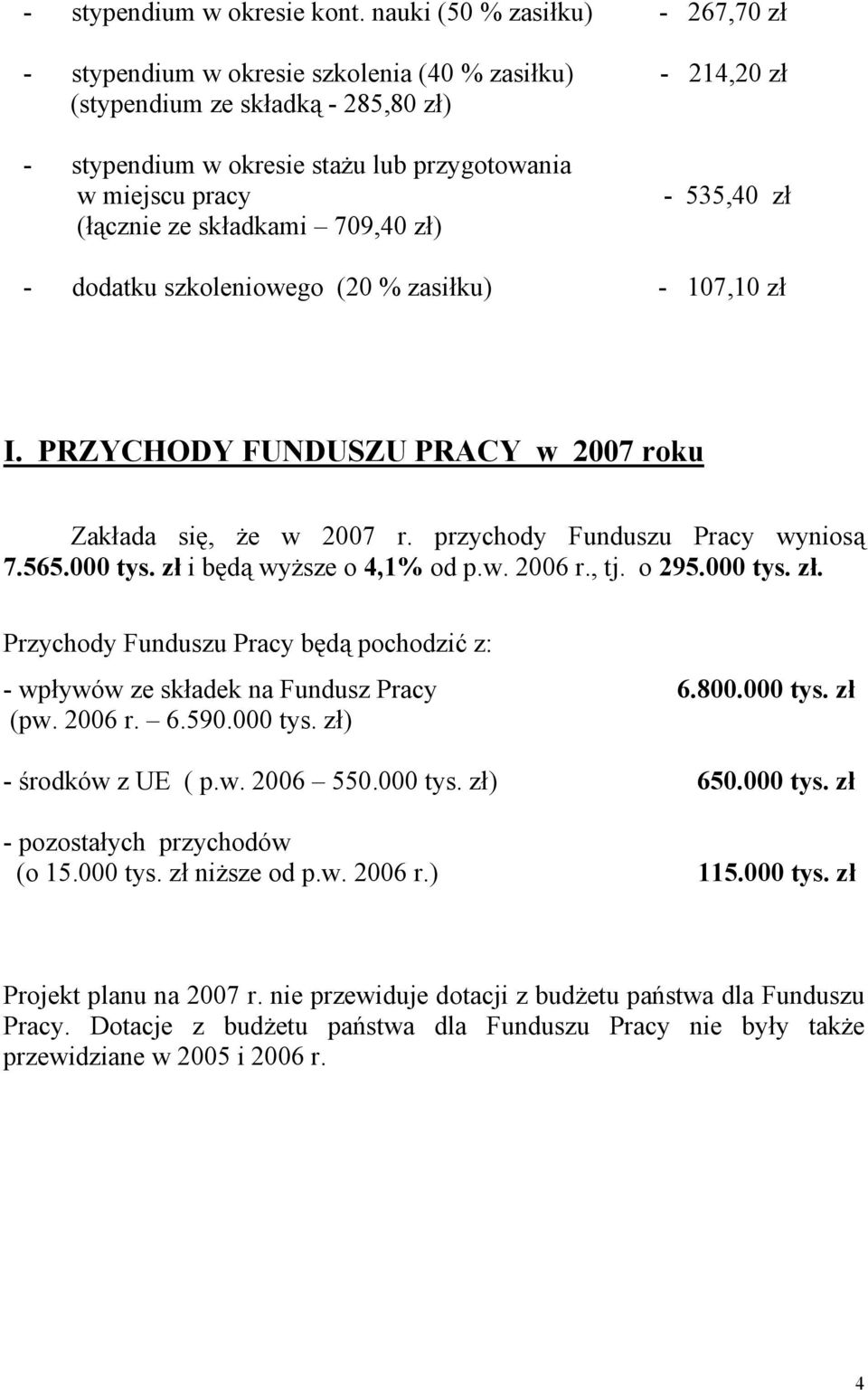 (łącznie ze składkami 709,40 zł) - 535,40 zł - dodatku szkoleniowego (20 % zasiłku) - 107,10 zł I. PRZYCHODY FUNDUSZU PRACY w 2007 roku Zakłada się, że w 2007 r. przychody Funduszu Pracy wyniosą 7.