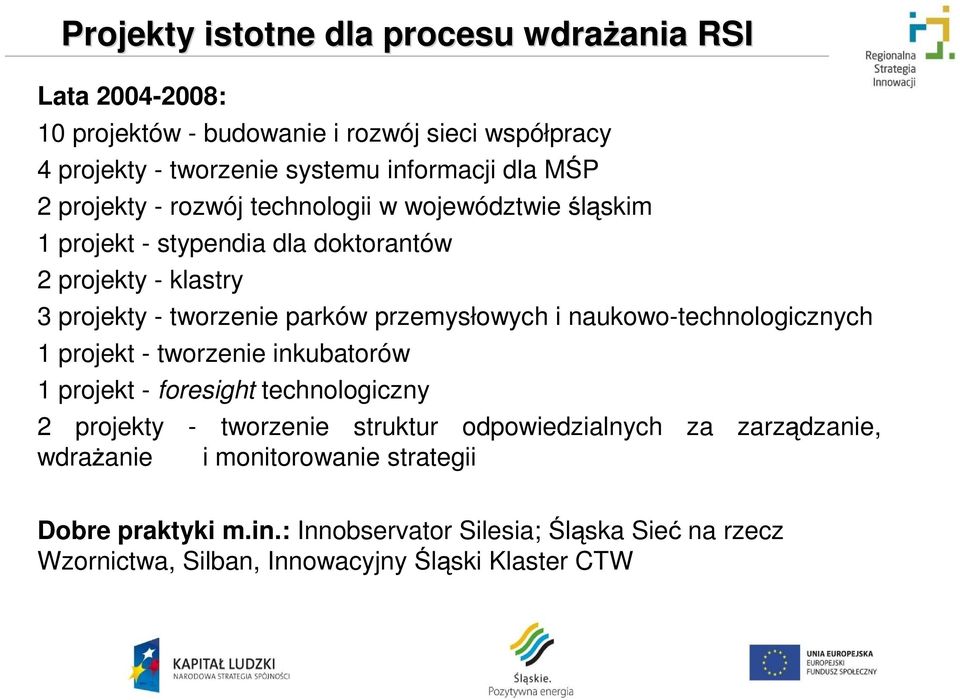 przemysłowych i naukowo-technologicznych 1 projekt - tworzenie inkubatorów 1 projekt - foresight technologiczny 2 projekty - tworzenie struktur