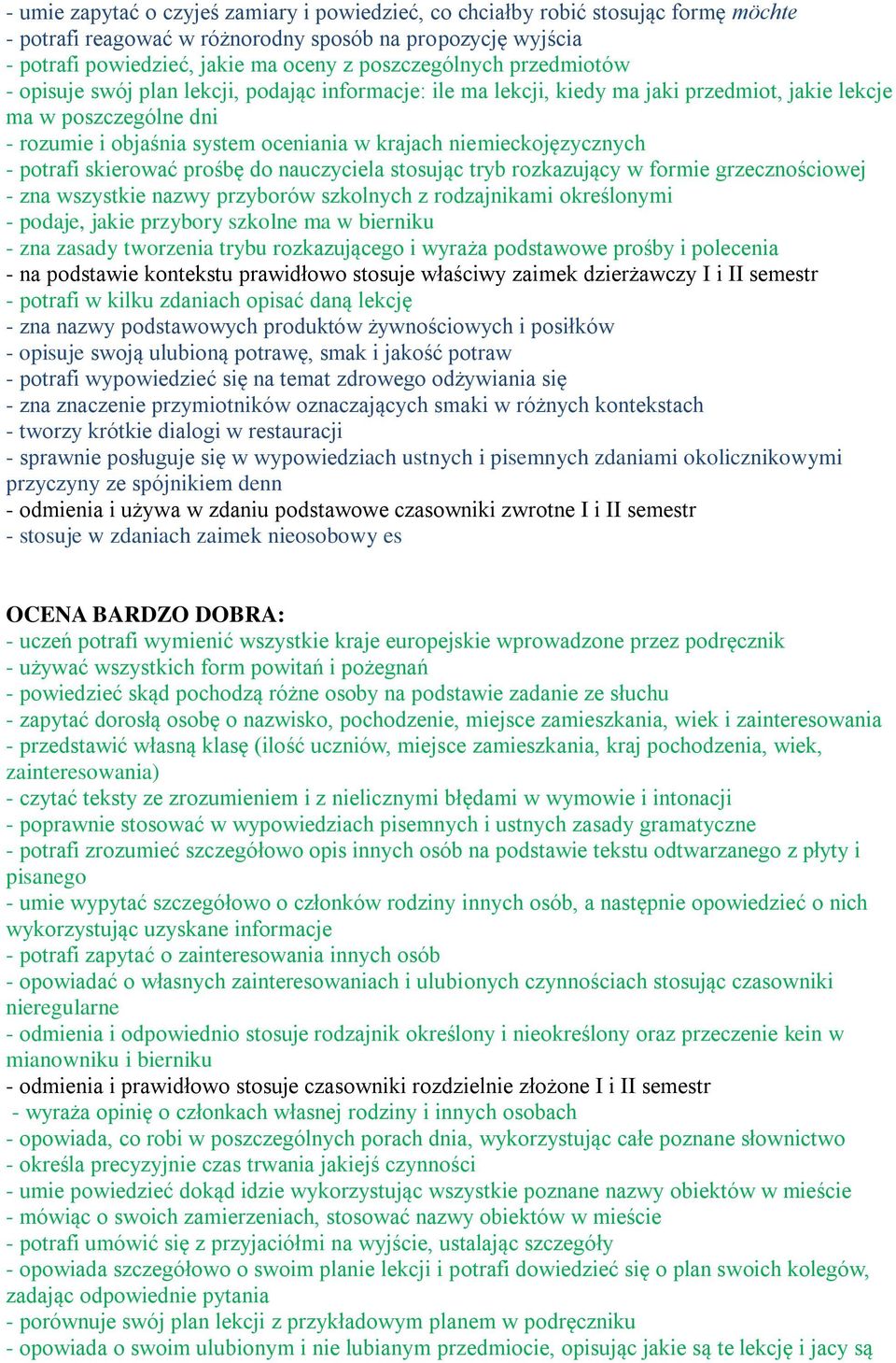 niemieckojęzycznych - potrafi skierować prośbę do nauczyciela stosując tryb rozkazujący w formie grzecznościowej - zna wszystkie nazwy przyborów szkolnych z rodzajnikami określonymi - podaje, jakie