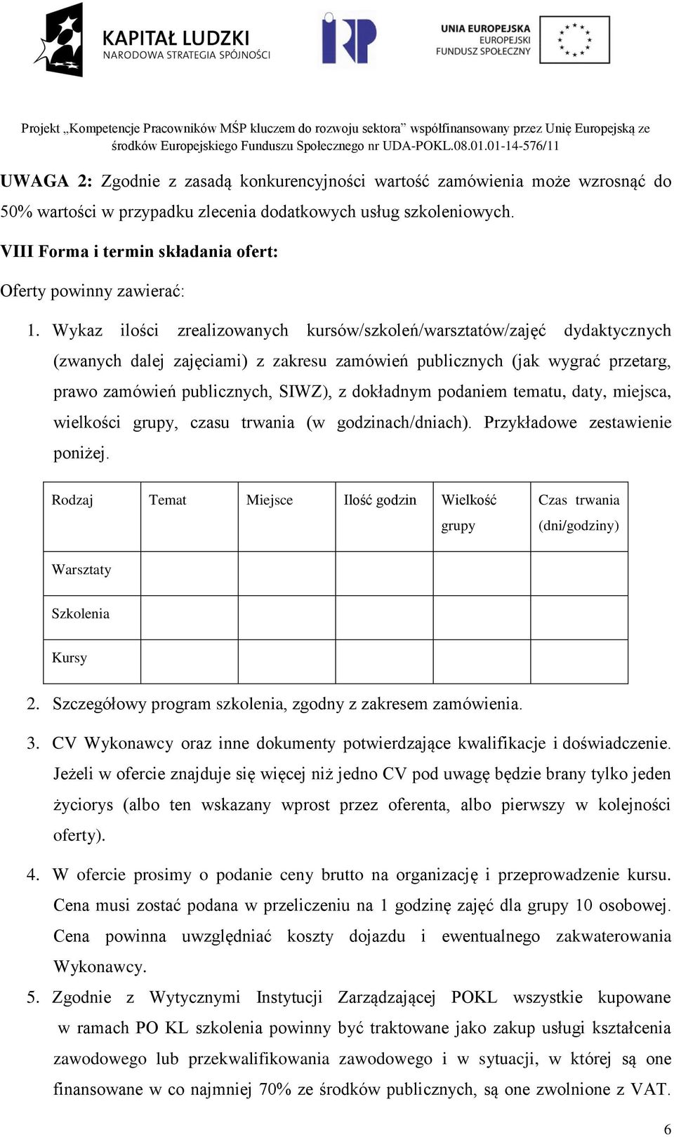 Wykaz ilości zrealizowanych kursów/szkoleń/warsztatów/zajęć dydaktycznych (zwanych dalej zajęciami) z zakresu zamówień publicznych (jak wygrać przetarg, prawo zamówień publicznych, SIWZ), z dokładnym