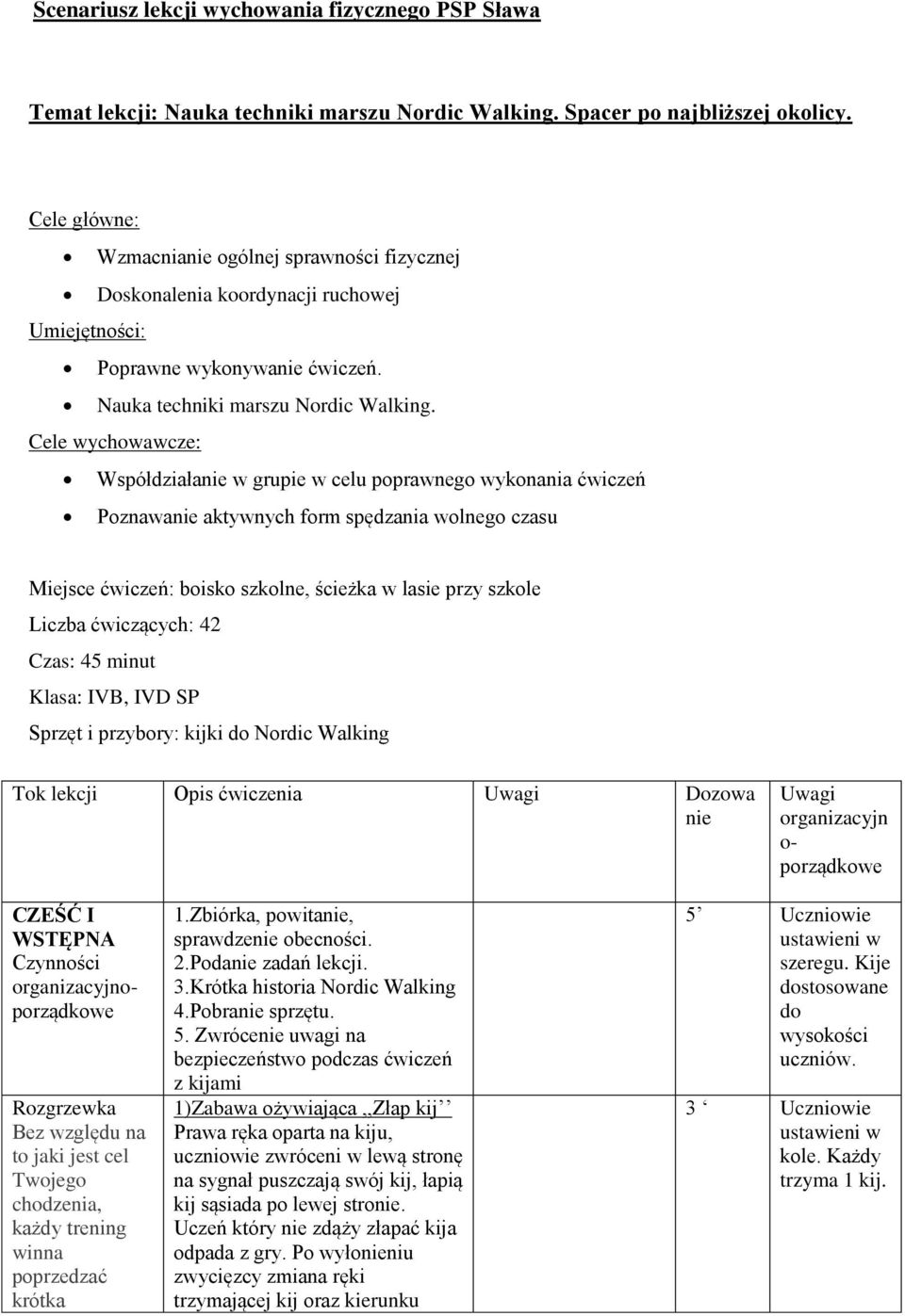 Cele wychowawcze: Współdziałanie w grupie w celu poprawnego wykonania ćwiczeń Poznawanie aktywnych form spędzania wolnego czasu Miejsce ćwiczeń: boisko szkolne, ścieżka w lasie przy szkole Liczba