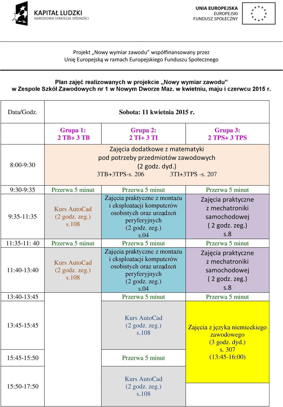 207 9:30-9:35 Przerwa 5 minut Przerwa 5 minut Przerwa 5 minut Zajęcia praktyczne z montażu Zajęcia praktyczne z mechatroniki 9:35-11:35 samochodowej ( 2 godz. zeg.) s.