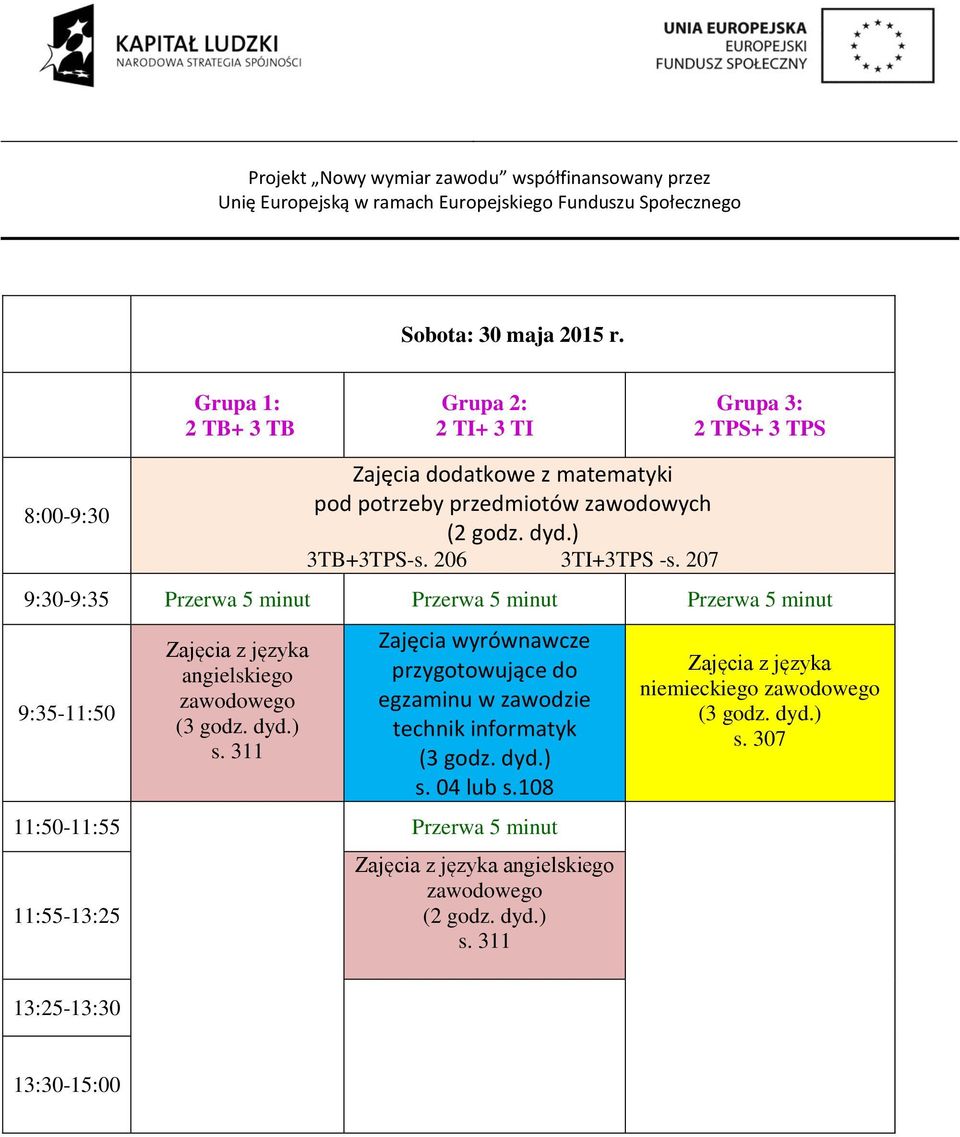 207 9:30-9:35 Przerwa 5 minut Przerwa 5 minut Przerwa 5 minut 9:35-11:50 angielskiego zawodowego Zajęcia