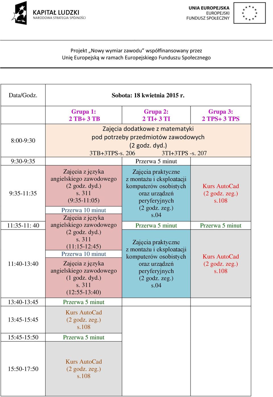 207 9:30-9:35 Przerwa 5 minut 9:35-11:35 (9:35-11:05) Zajęcia praktyczne z montażu i eksploatacji komputerów osobistych oraz urządzeń