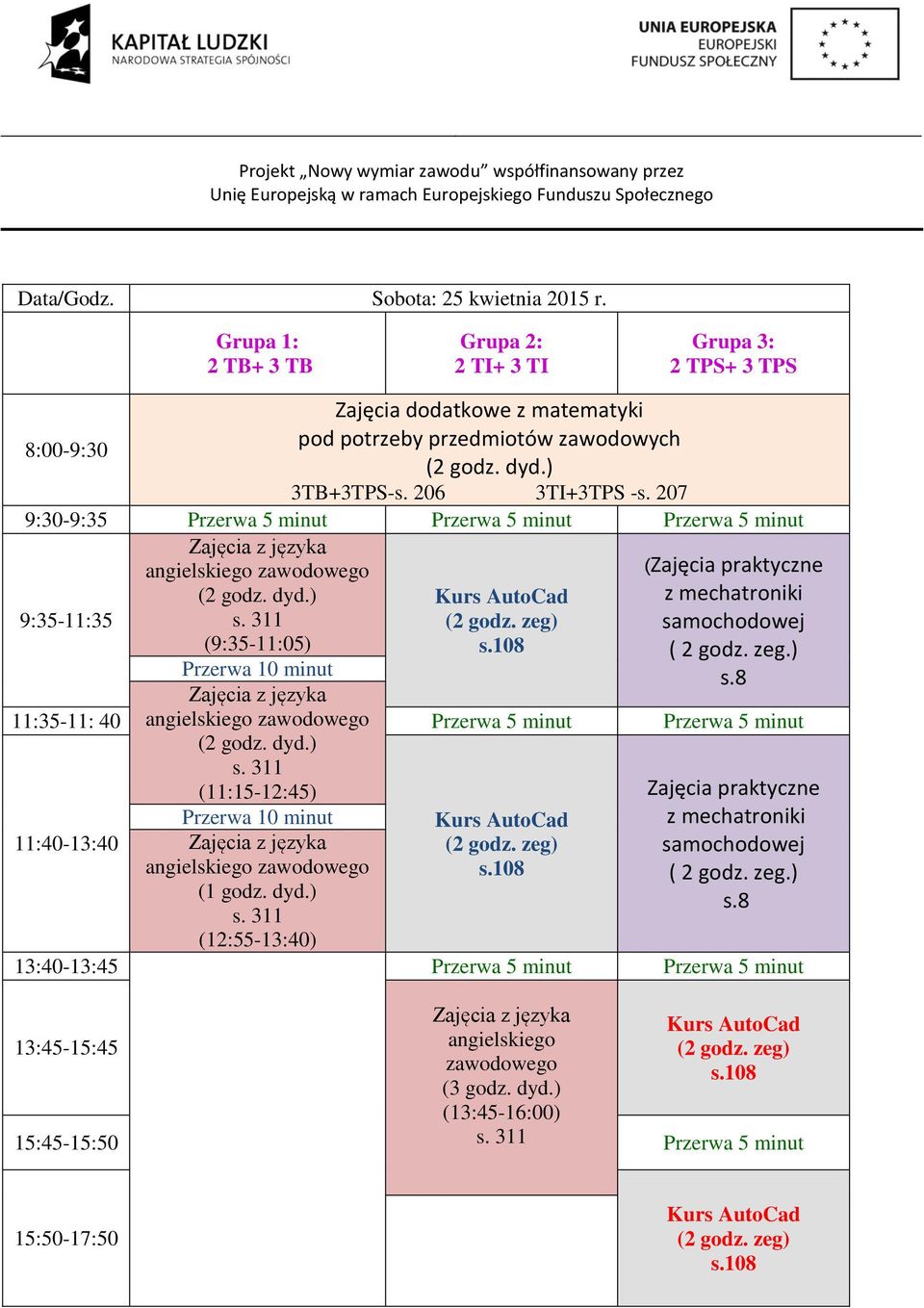 8 11:35-11: 40 Przerwa 10 minut (11:15-12:45) Przerwa 5 minut Przerwa 5 minut Zajęcia praktyczne z mechatroniki samochodowej ( 2 godz. zeg.) s.