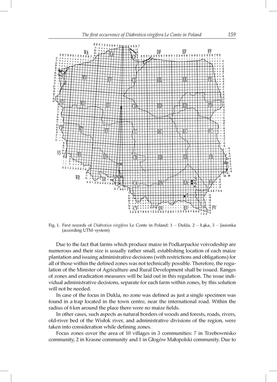 First records of Diabrotica virgifera Le Conte in Poland: 1 Dukla, 2 Łąka, 3 Jasionka (according UTM system) Due to the fact that farms which produce maize in Podkarpackie voivodeship are numerous