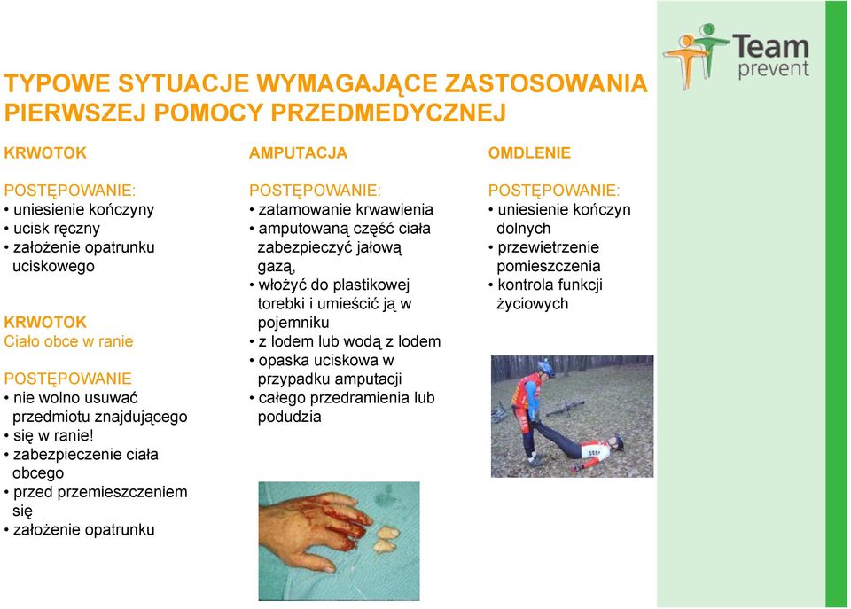 zabezpieczenie cia a obcego przed przemieszczeniem si za o enie opatrunku AMPUTACJA zatamowanie krwawienia amputowan cz cia a zabezpieczy ja ow gaz, w o y