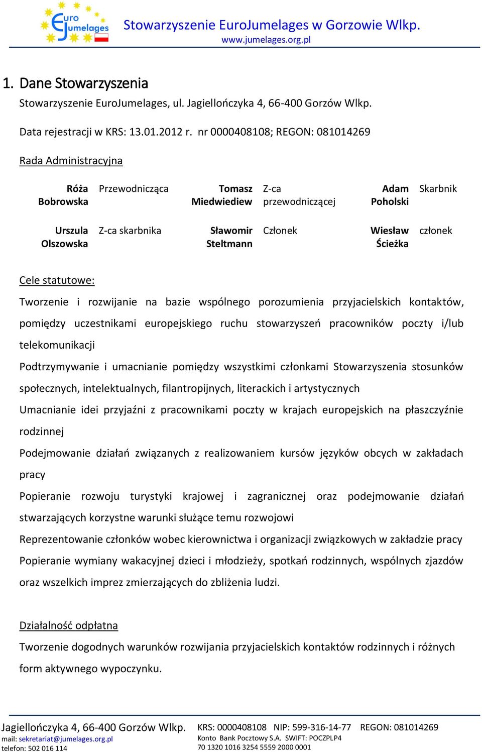 Członek Wiesław Ścieżka członek Cele statutowe: Tworzenie i rozwijanie na bazie wspólnego porozumienia przyjacielskich kontaktów, pomiędzy uczestnikami europejskiego ruchu stowarzyszeń pracowników