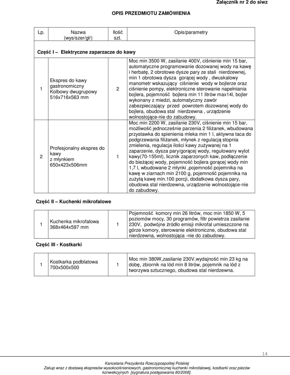 mikrofalowe 2 Moc min 3500 W, zasilanie 400V, ciśnienie min 5 bar, automatyczne programowanie dozowanej wody na kawę i herbatę, 2 obrotowe dysze pary ze stali nierdzewnej, min obrotowa dysza gorącej