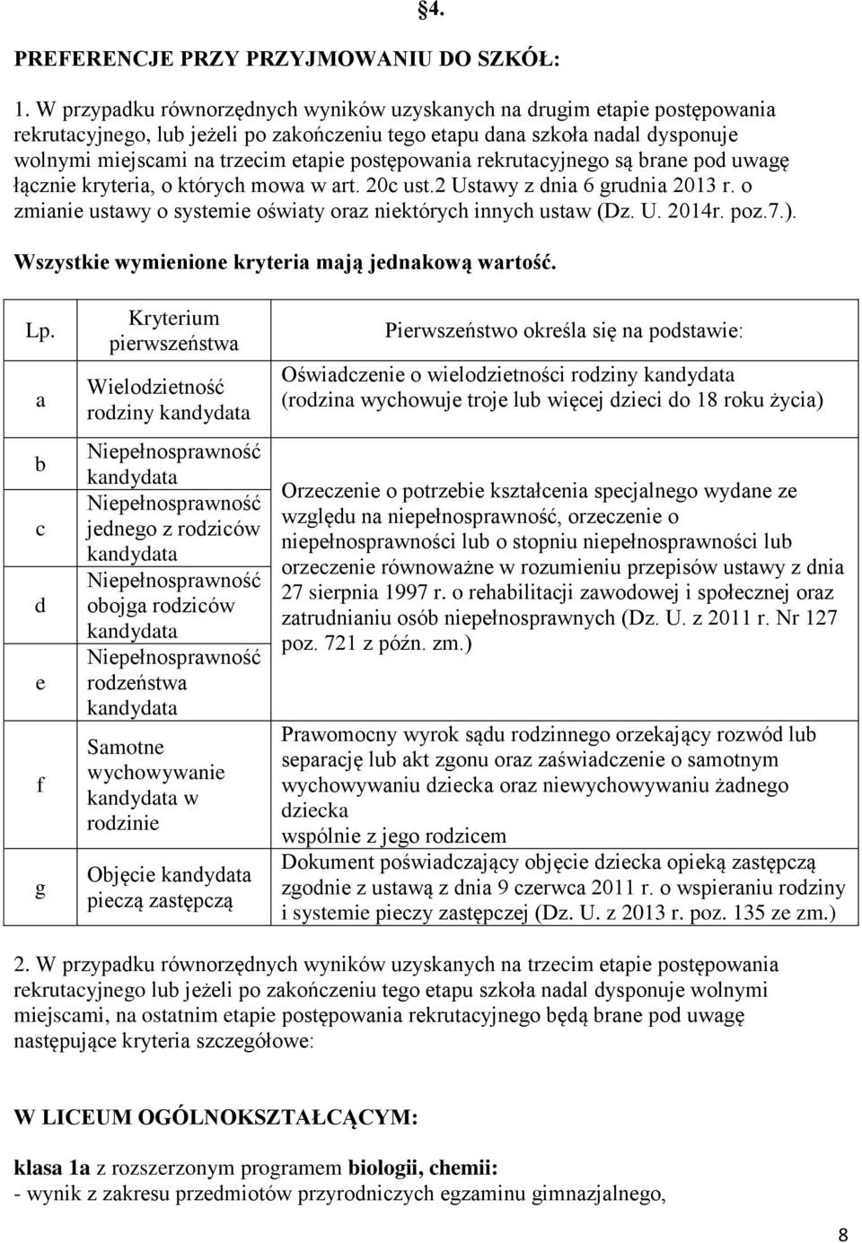 postępowania rekrutacyjnego są brane pod uwagę łącznie kryteria, o których mowa w art. 20c ust.2 Ustawy z dnia 6 grudnia 2013 r. o zmianie ustawy o systemie oświaty oraz niektórych innych ustaw (Dz.