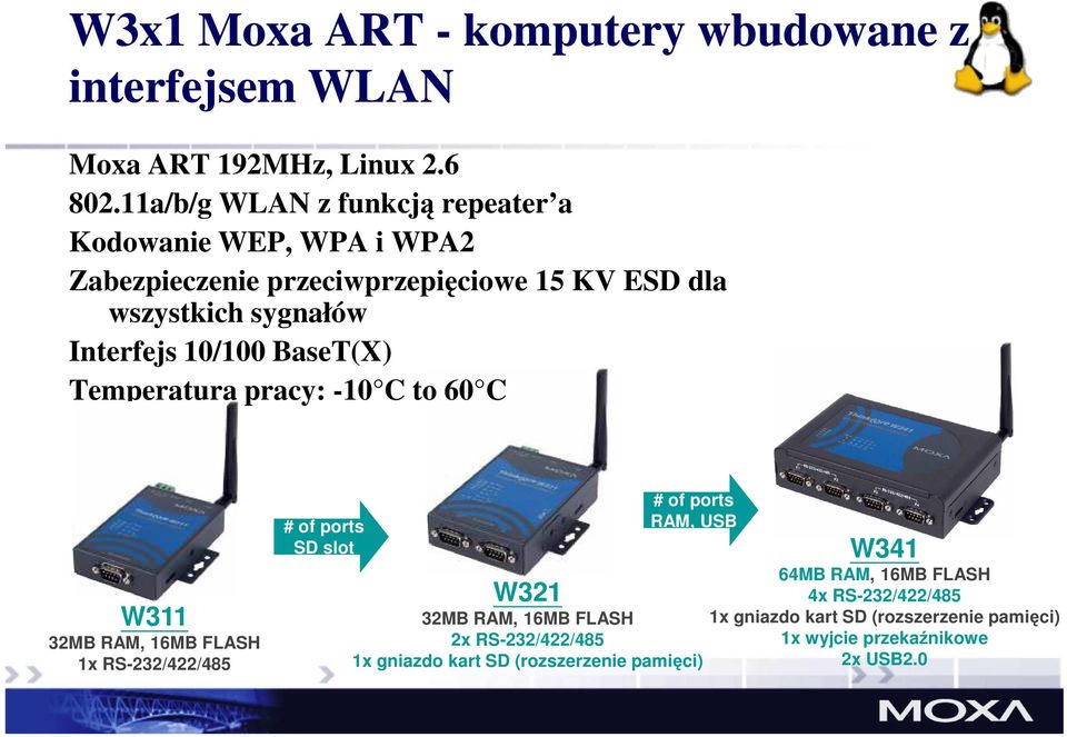 10/100 BaseT(X) Temperatura pracy: -10 C to 60 C W311 32MB RAM, 16MB FLASH 1x RS-232/422/485 # of ports SD slot # of ports RAM, USB W321