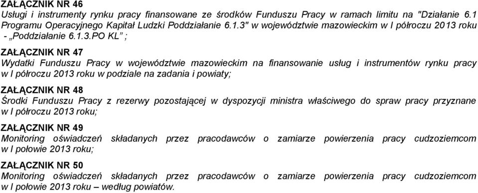 Środki Funduszu Pracy z rezerwy pozostającej w dyspozycji ministra właściwego do spraw pracy przyznane w I półroczu 2013 roku; ZAŁĄCZNIK NR 49 Monitoring oświadczeń składanych przez pracodawców o