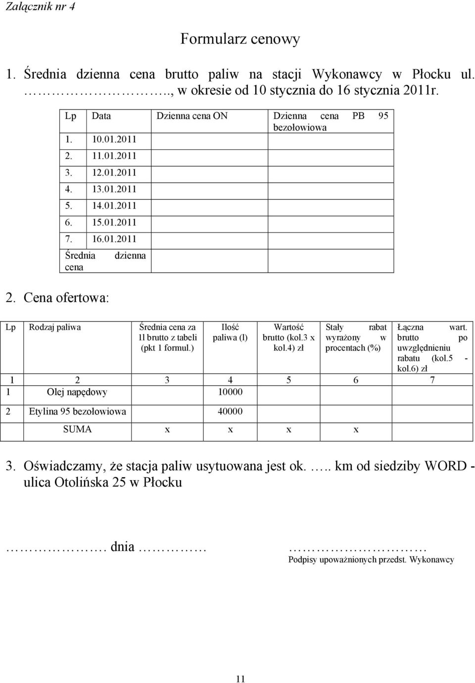 Cena ofertowa: dzienna Lp Rodzaj paliwa Średnia cena za 1l brutto z tabeli (pkt 1 formul.) Ilość paliwa (l) Wartość brutto (kol.3 x kol.4) zł Stały rabat wyraŝony w procentach (%) Łączna wart.
