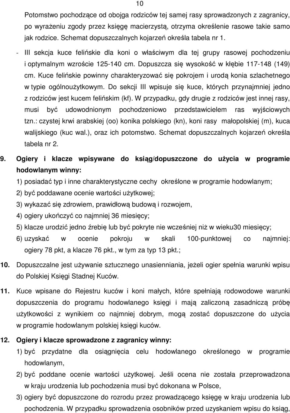 Dopuszcza się wysokość w kłębie 117-148 (149) cm. Kuce felińskie powinny charakteryzować się pokrojem i urodą konia szlachetnego w typie ogólnoużytkowym.