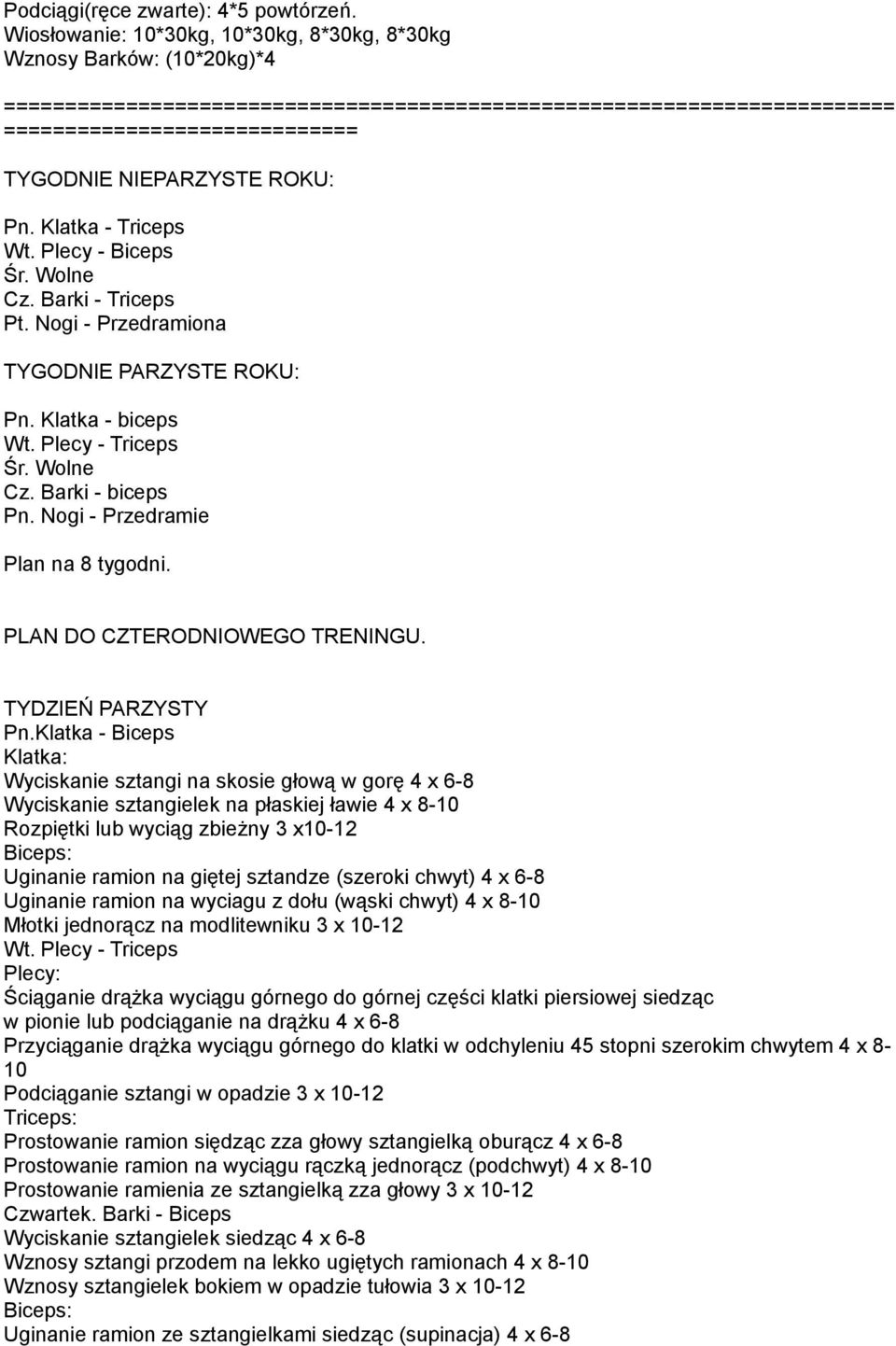 PLAN DO CZTERODNIOWEGO TRENINGU. TYDZIEŃ PARZYSTY Pn.