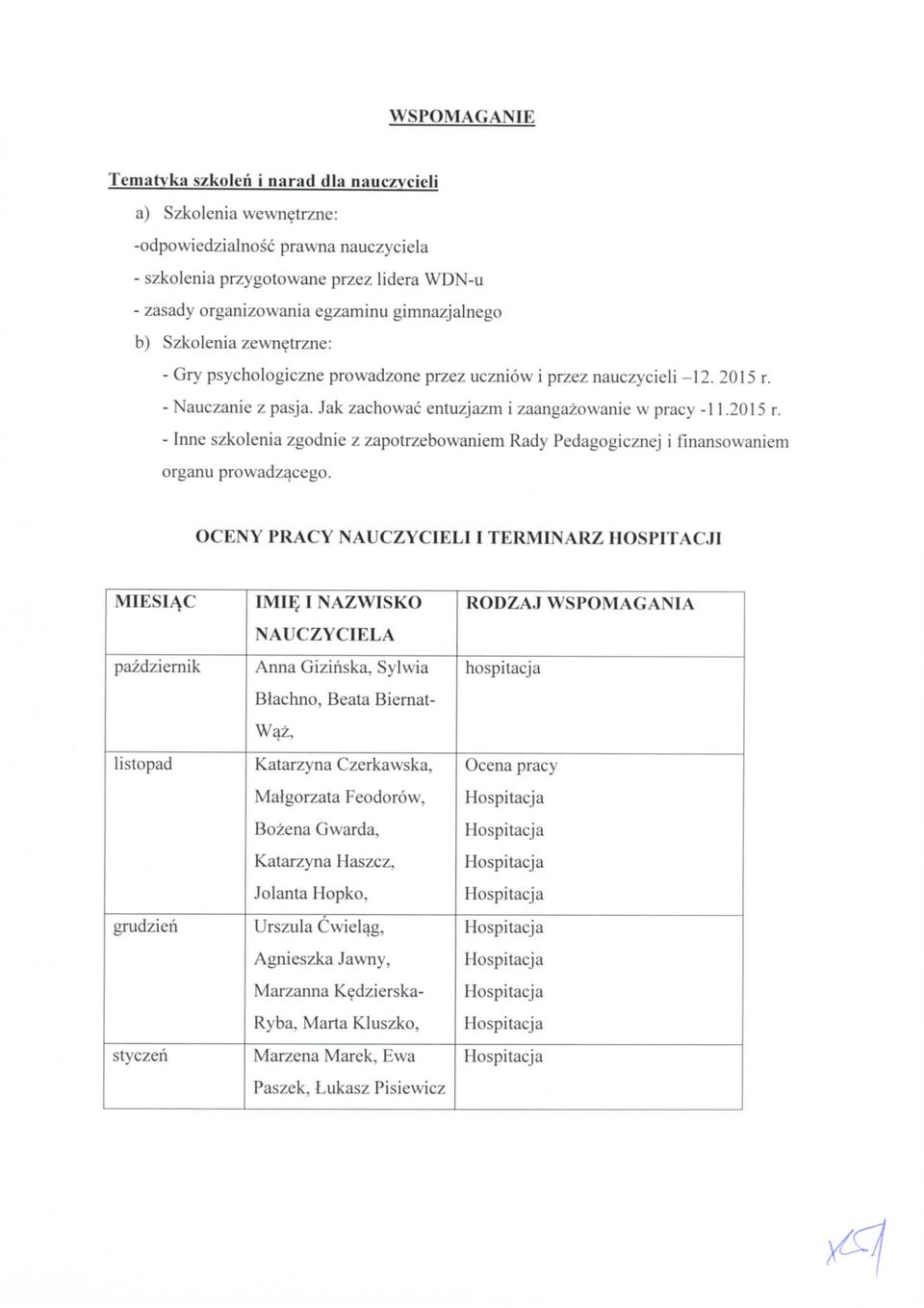 zewnetrzne: - Gry psychologiczne prowadzone przez uczniow i przez nauczycieli -12. 2015 r. - Nauczanie z pasja. Jak zachowac entuzjazm i zaangazowanie w pracy -11.2015 r. - Inne szkolenia zgodnie z zapotrzebowaniem Rady Pedagogicznej i fmansowaniem organu prow^adzacego.