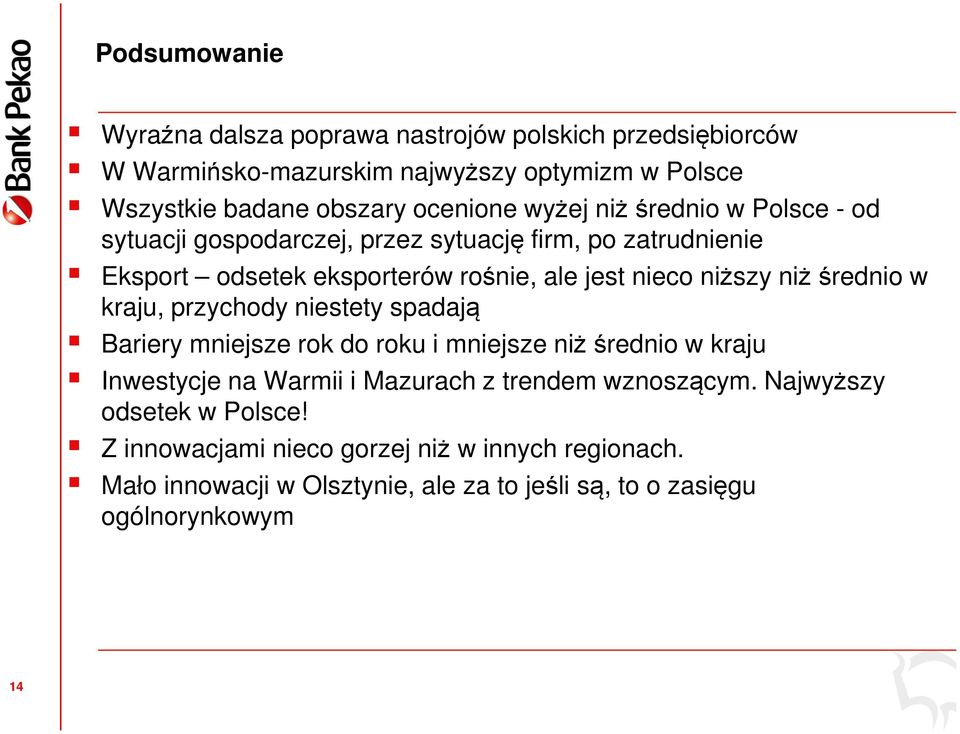 średnio w kraju, przychody niestety spadają Bariery mniejsze rok do roku i mniejsze niż średnio w kraju Inwestycje na Warmii i Mazurach z trendem