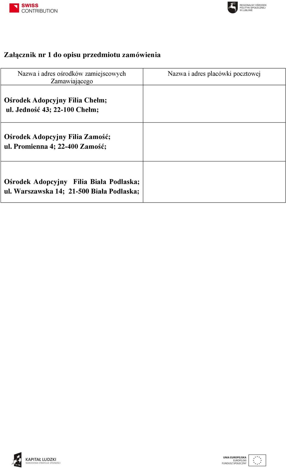 Jedność 43; 22-100 Chełm; Ośrodek Adopcyjny Filia Zamość; ul.