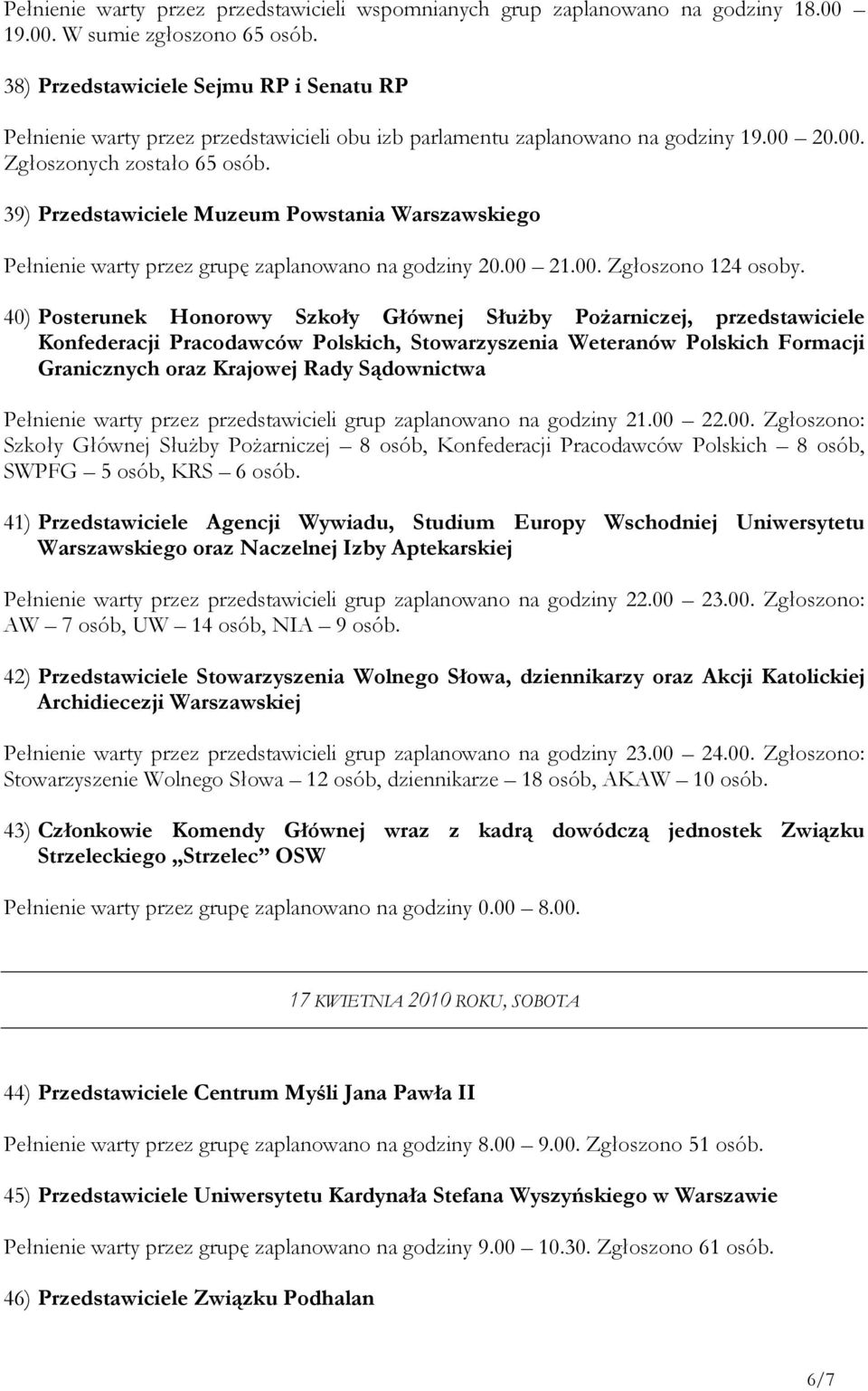 39) Przedstawiciele Muzeum Powstania Warszawskiego Pełnienie warty przez grupę zaplanowano na godziny 20.00 21.00. Zgłoszono 124 osoby.