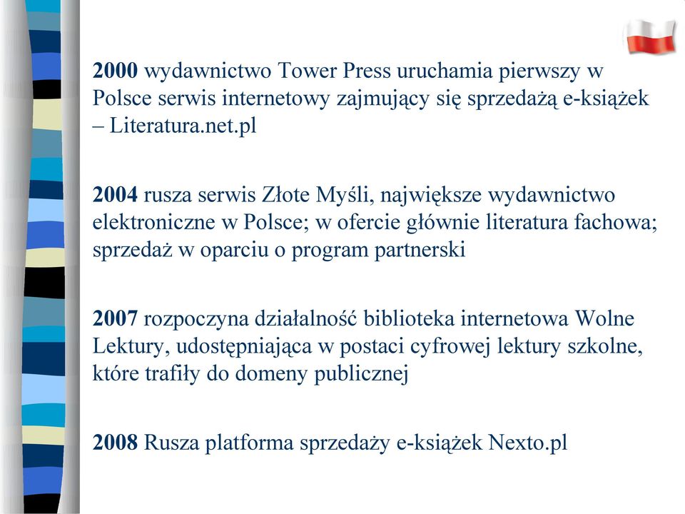 fachowa; sprzedaż w oparciu o program partnerski 2007 rozpoczyna działalność biblioteka internetowa Wolne Lektury,