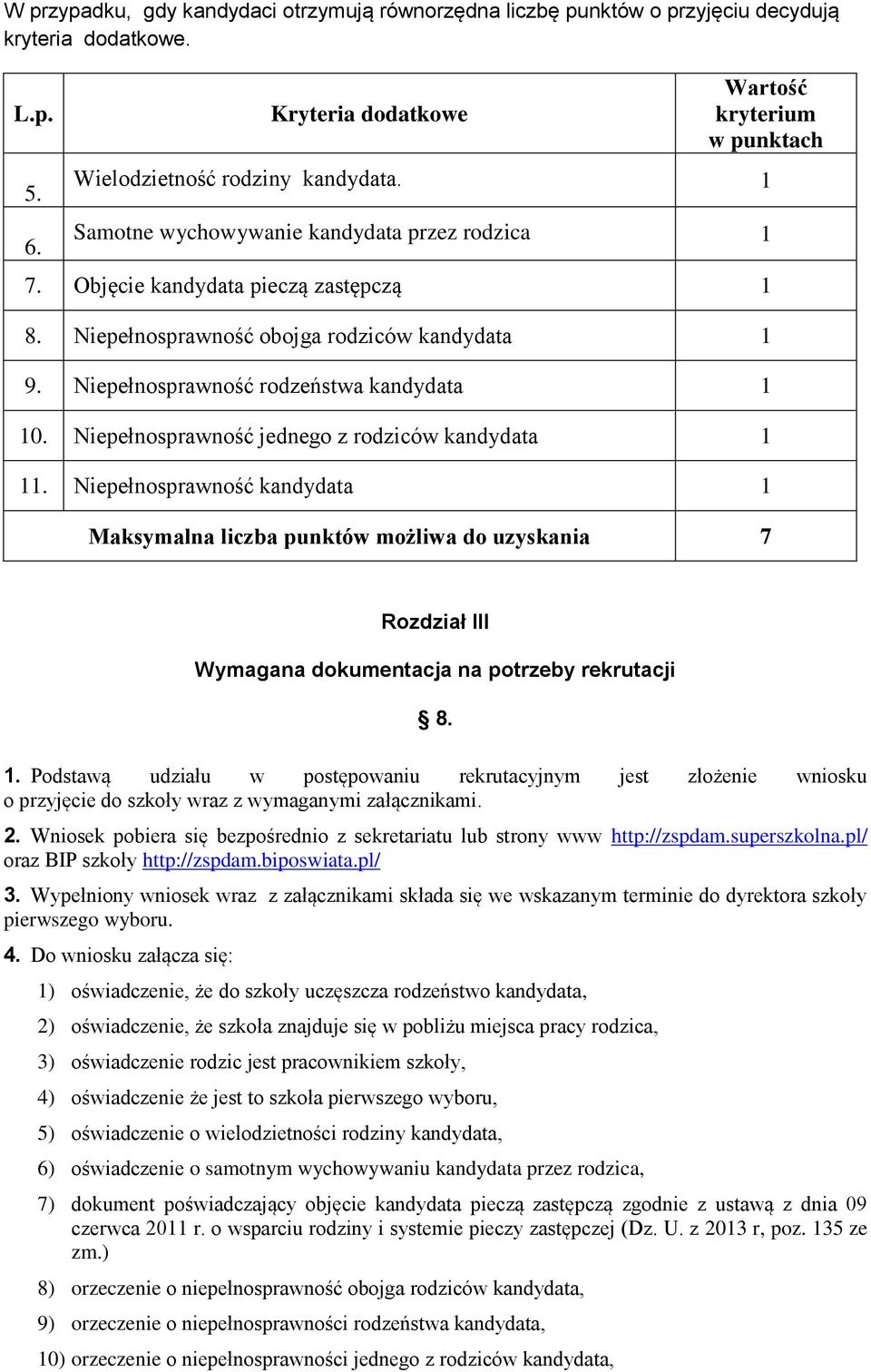 Niepełnosprawność jednego z rodziców kandydata 1 11. Niepełnosprawność kandydata 1 Maksymalna liczba punktów możliwa do uzyskania 7 Rozdział III Wymagana dokumentacja na potrzeby rekrutacji 8. 1. Podstawą udziału w postępowaniu rekrutacyjnym jest złożenie wniosku o przyjęcie do szkoły wraz z wymaganymi załącznikami.