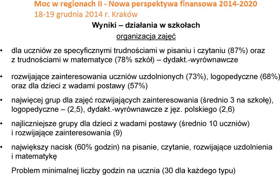zainteresowania (średnio 3 na szkołę), logopedyczne (2,5), dydakt.-wyrównawcze z jęz.