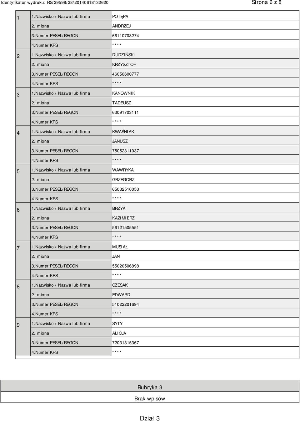 Nazwisko / Nazwa lub firma WAWRYKA GRZEGORZ 3.Numer PESEL/REGON 65032510053 6 1.Nazwisko / Nazwa lub firma BRZYK KAZIMIERZ 3.Numer PESEL/REGON 56121505551 7 1.