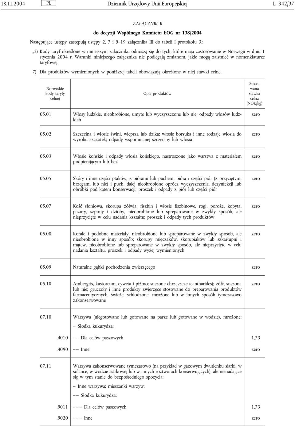 : 2) Kody taryf określone w niniejszym załączniku odnoszą się do tych, które mają zastosowanie w Norwegii w dniu 1 stycznia 2004 r.