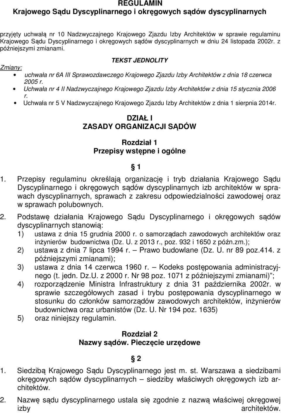 TEKST JEDNOLITY Zmiany: uchwała nr 6A III Sprawozdawczego Krajowego Zjazdu Izby Architektów z dnia 18 czerwca 2005 r.