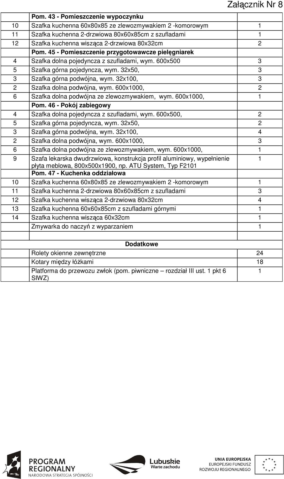 45 - Pomieszczenie przygotowawcze pielęgniarek 4 Szafka dolna pojedyncza z szufladami, wym. 600x500 3 5 Szafka górna pojedyncza, wym. 32x50, 3 3 Szafka górna podwójna, wym.