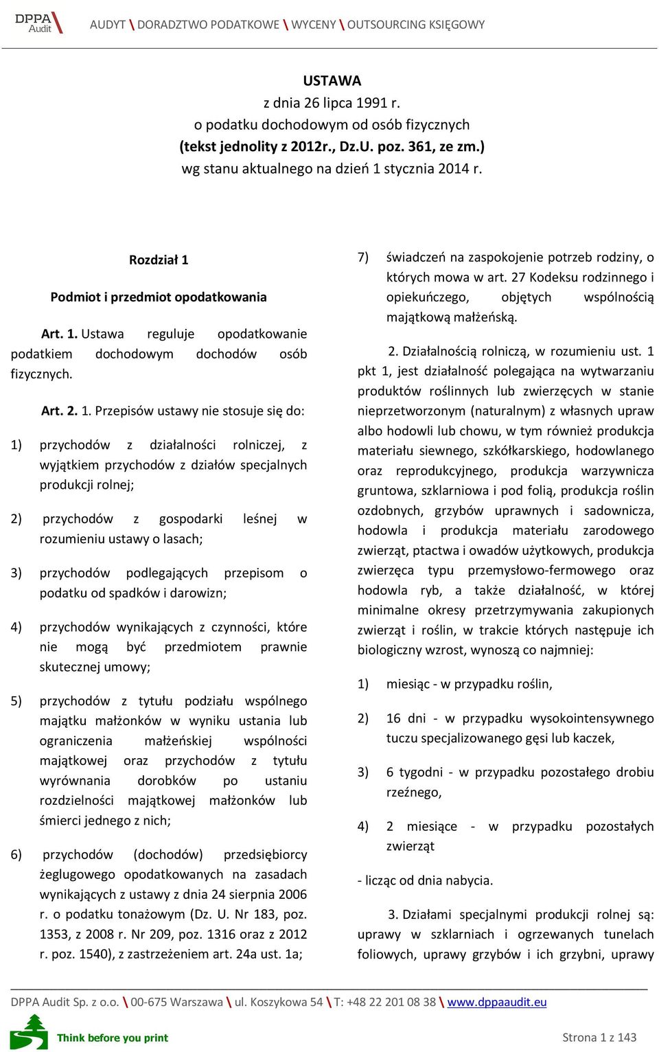 Podmiot i przedmiot opodatkowania Art. 1.