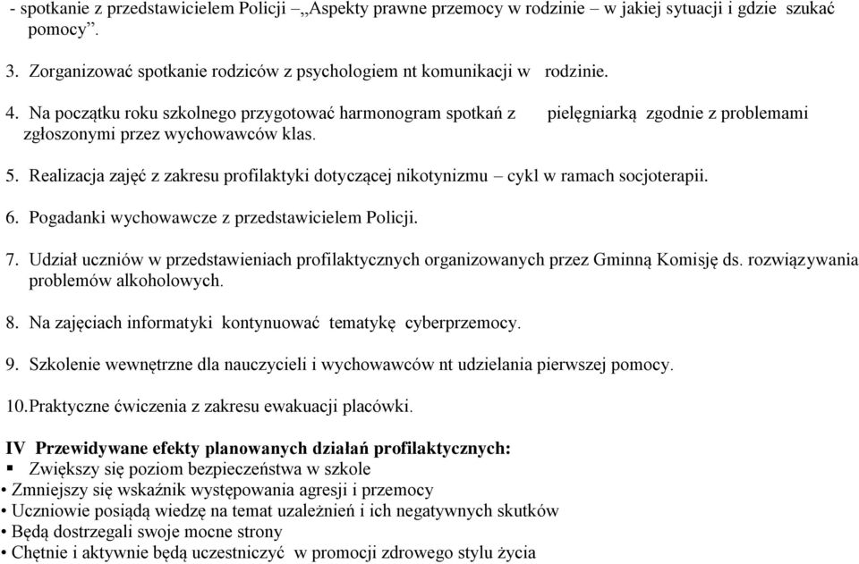 Realizacja zajęć z zakresu profilaktyki dotyczącej nikotynizmu cykl w ramach socjoterapii. 6. Pogadanki wychowawcze z przedstawicielem Policji. 7.