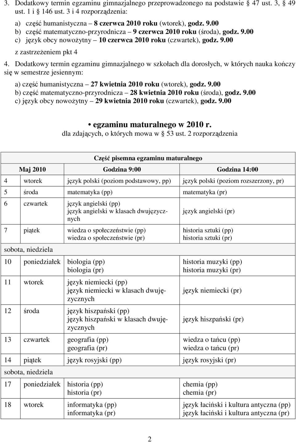 Dodatkowy termin egzaminu gimnazjalnego w szkołach dla dorosłych, w których nauka kończy się w semestrze jesiennym: a) część humanistyczna 27 kwietnia 2010 roku (wtorek), godz. 9.