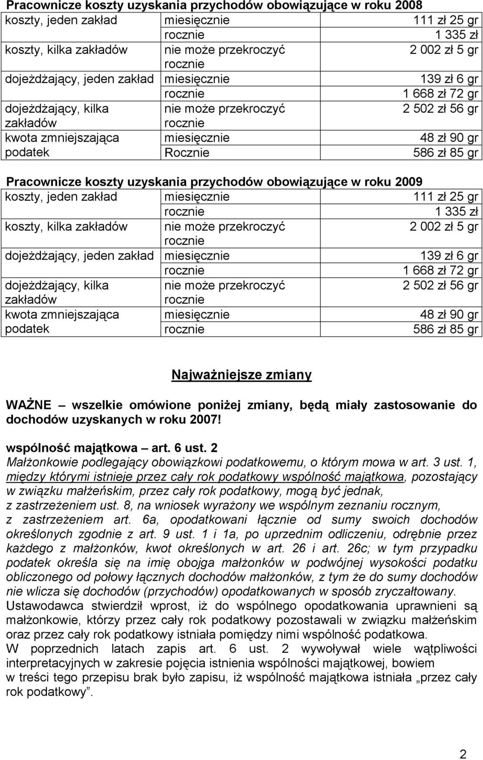 koszty uzyskania przychodów obowiązujące w roku 2009 koszty, jeden zakład miesięcznie 111 zł 25 gr 1 335 zł koszty, kilka zakładów nie moŝe przekroczyć 2 002 zł 5 gr dojeŝdŝający, jeden zakład
