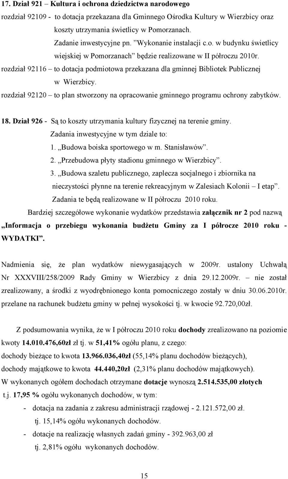 rozdział 92116 to dotacja podmiotowa przekazana dla gminnej Bibliotek Publicznej w Wierzbicy. rozdział 92120 to plan stworzony na opracowanie gminnego programu ochrony zabytków. 18.