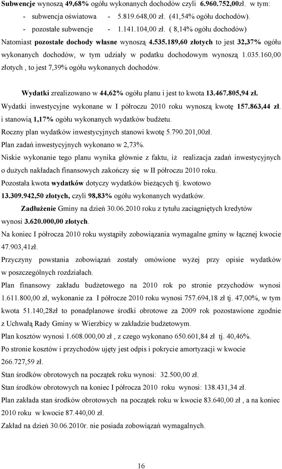 160,00 złotych, to jest 7,39% ogółu wykonanych dochodów. Wydatki zrealizowano w 44,62% ogółu planu i jest to kwota 13.467.805,94 zł.
