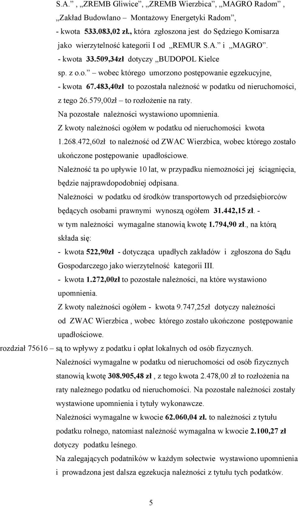 483,40zł to pozostała należność w podatku od nieruchomości, z tego 26.579,00zł to rozłożenie na raty. Na pozostałe należności wystawiono upomnienia.