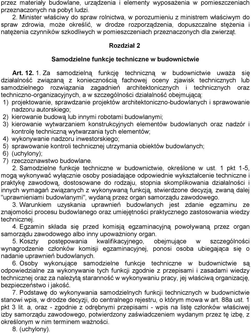 pomieszczeniach przeznaczonych dla zwierząt. Rozdział 2 Samodzielne funkcje techniczne w budownictwie Art. 12