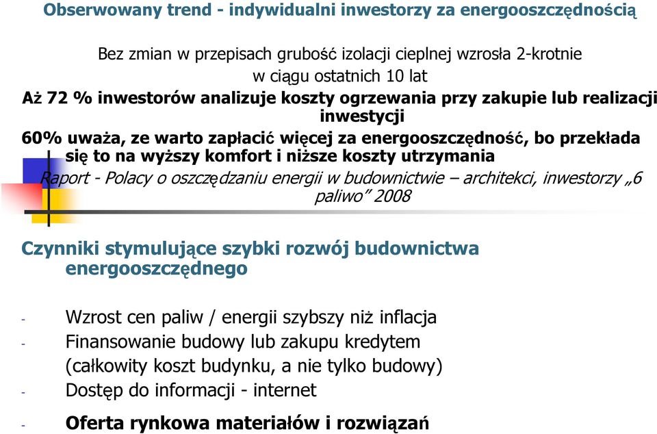 utrzymania Raport - Polacy o oszczędzaniu energii w budownictwie architekci, inwestorzy 6 paliwo 2008 Czynniki stymulujące szybki rozwój budownictwa energooszczędnego - Wzrost cen