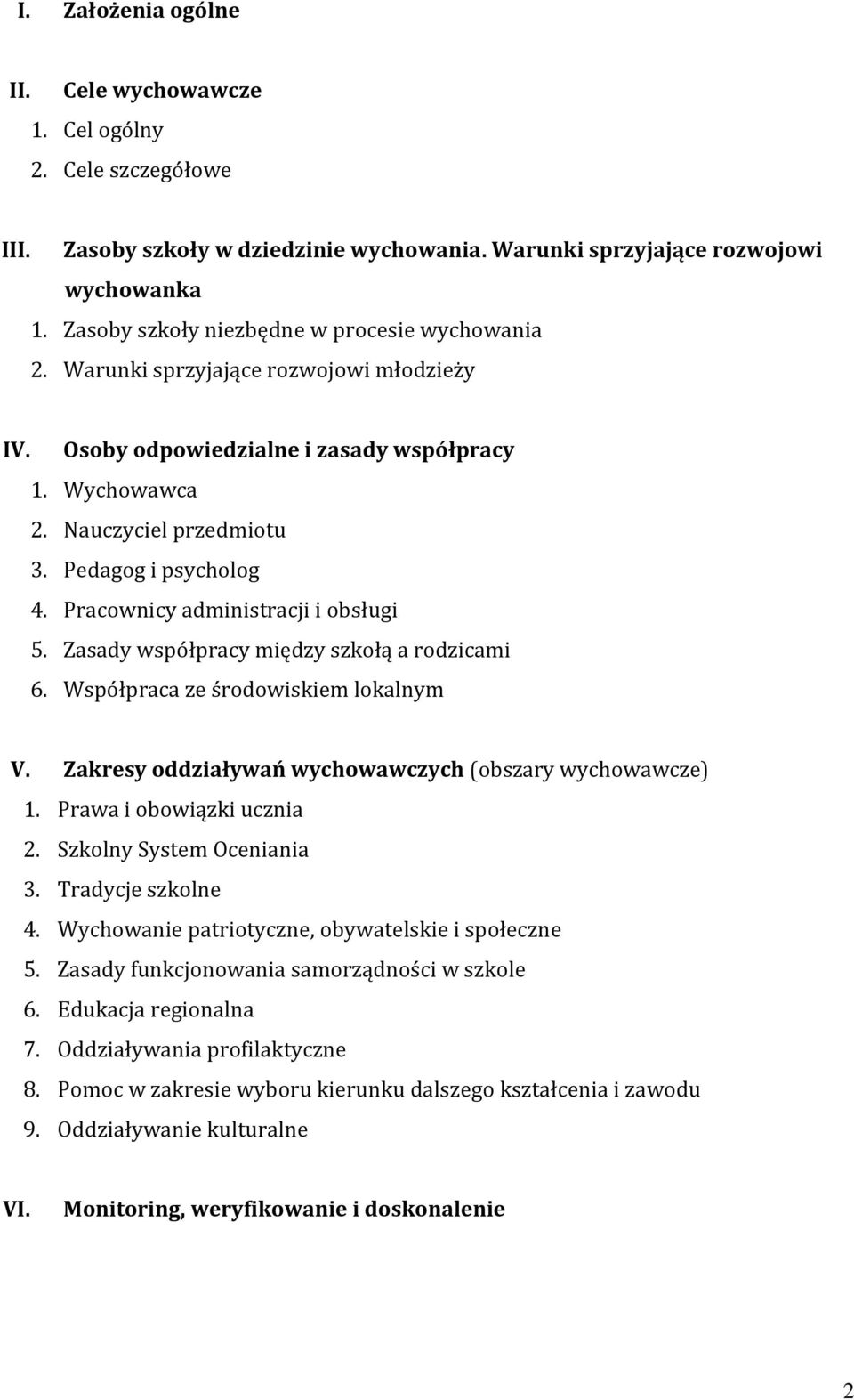 Pracownicy administracji i obsługi 5. Zasady współpracy między szkołą a rodzicami 6. Współpraca ze środowiskiem lokalnym V. Zakresy oddziaływań wychowawczych (obszary wychowawcze) 1.