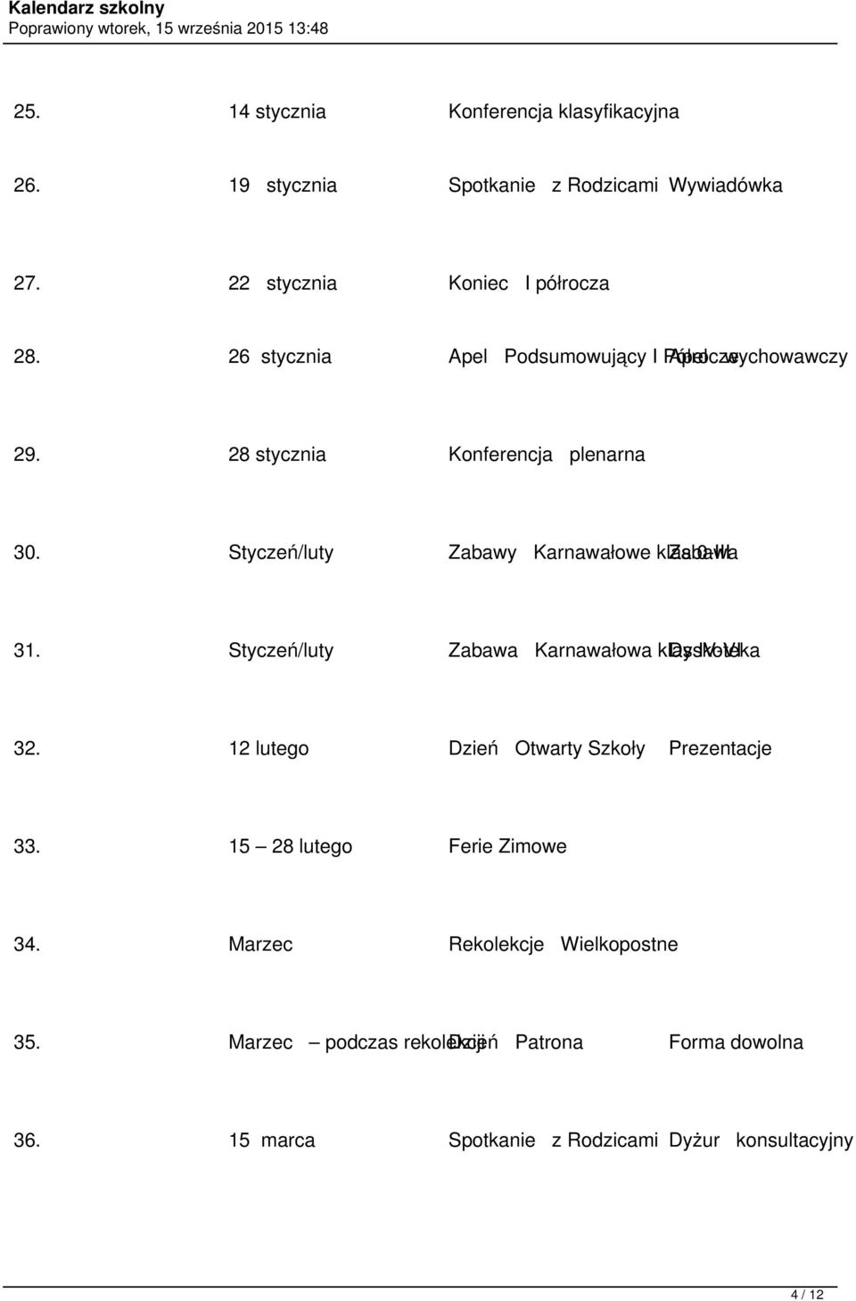 Styczeń/luty Zabawy Karnawałowe klas Zabawa 0-III 31. Styczeń/luty Zabawa Karnawałowa klas Dyskoteka IV-VI 32.