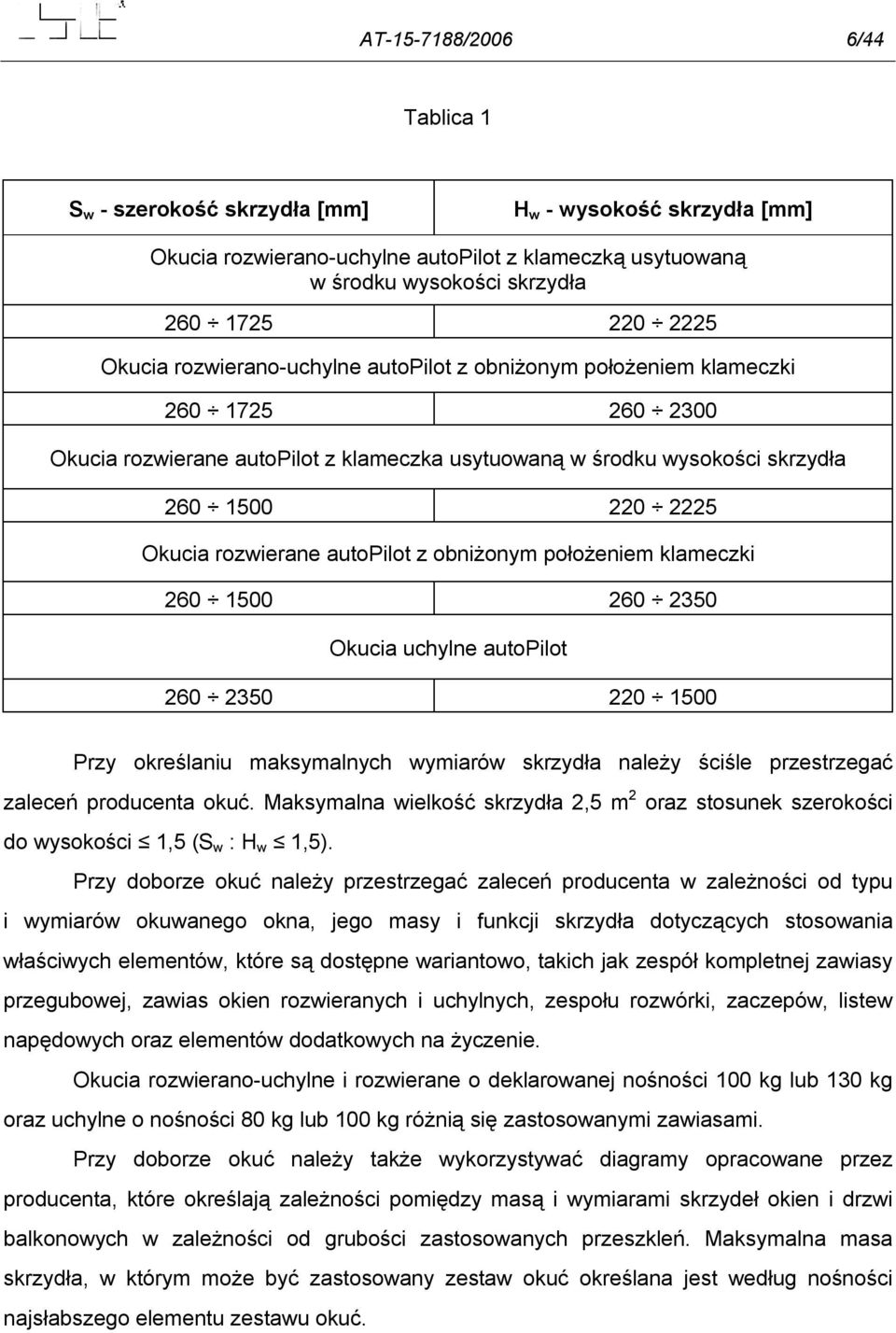 rozwierane autopilot z obniżonym położeniem klameczki 260 1500 260 2350 Okucia uchylne autopilot 260 2350 220 1500 Przy określaniu maksymalnych wymiarów skrzydła należy ściśle przestrzegać zaleceń