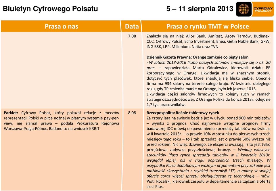 Parkiet: Cyfrowy Polsat, który pokazał relacje z meczów reprezentacji Polski w piłce nożnej w płatnym systemie pay-perview, nie złamał prawa podała Prokuratura Rejonowa Warszawa-Praga-Północ.